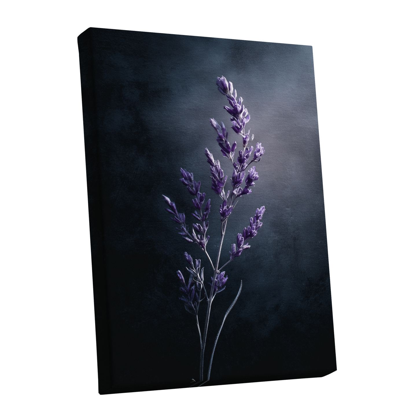 Violet Nocturne, black, blue, gray floral wall art shown as a stretched canvas wall art