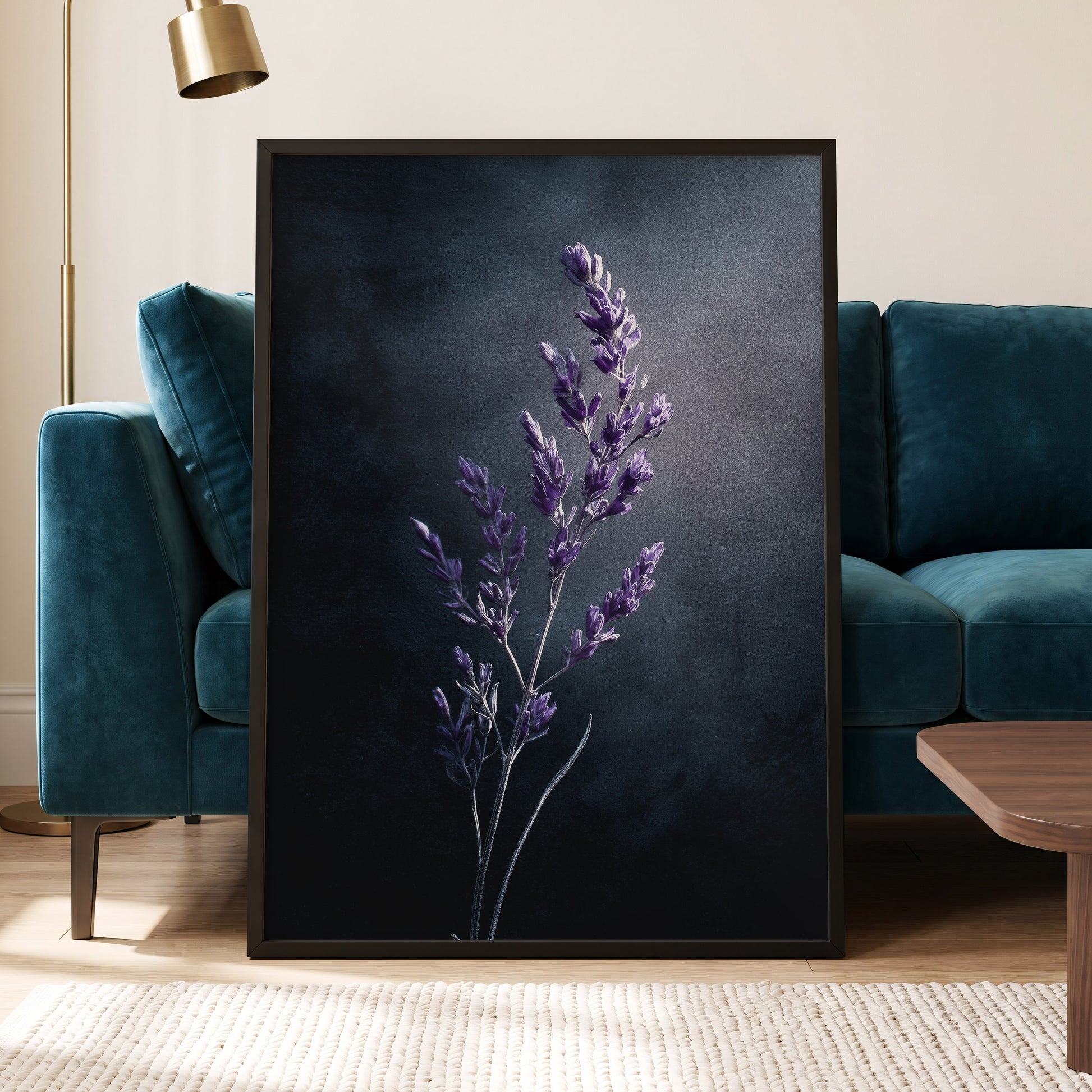Violet Nocturne, black, blue, gray floral wall art displayed in a styled interior, gallery view 2