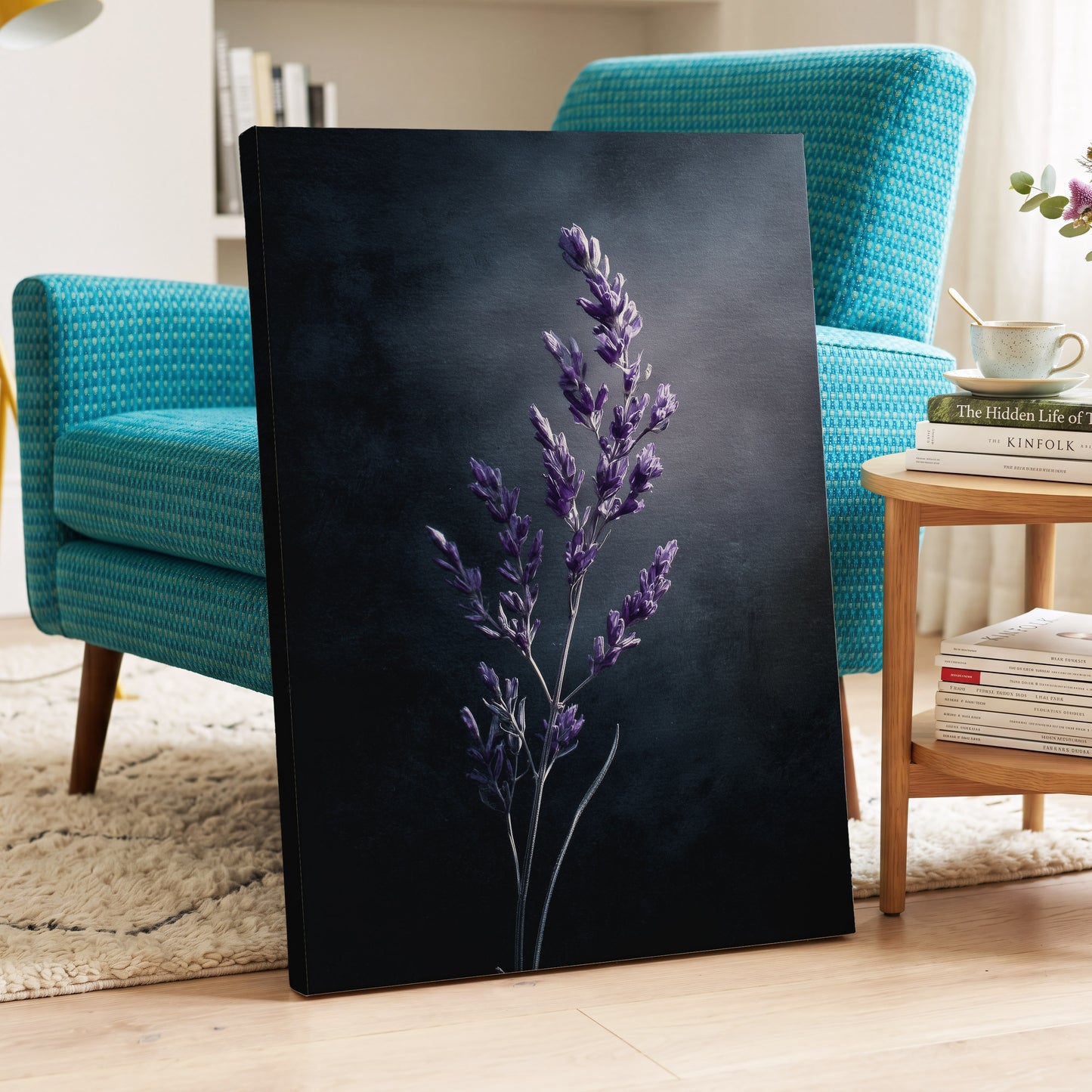 Violet Nocturne, black, blue, gray floral wall art displayed in a styled interior, gallery view 3