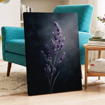 Violet Nocturne, black, blue, gray floral wall art displayed in a styled interior, gallery view 3