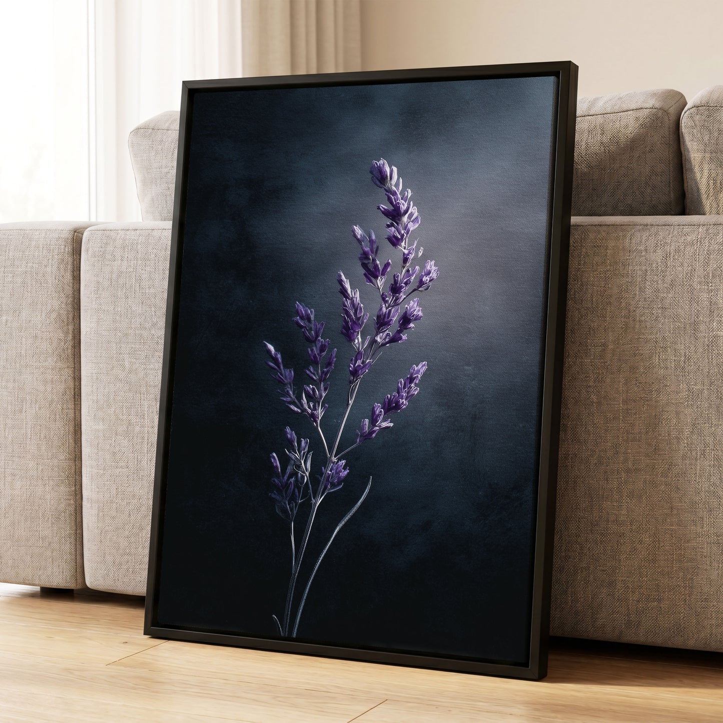 Violet Nocturne, black, blue, gray floral wall art displayed in a styled interior, gallery view 4