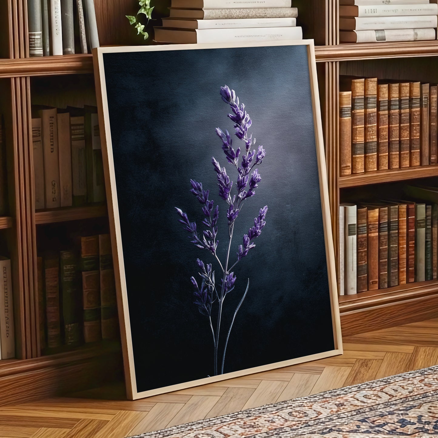 Violet Nocturne, black, blue, gray floral wall art displayed in a styled interior, gallery view 6
