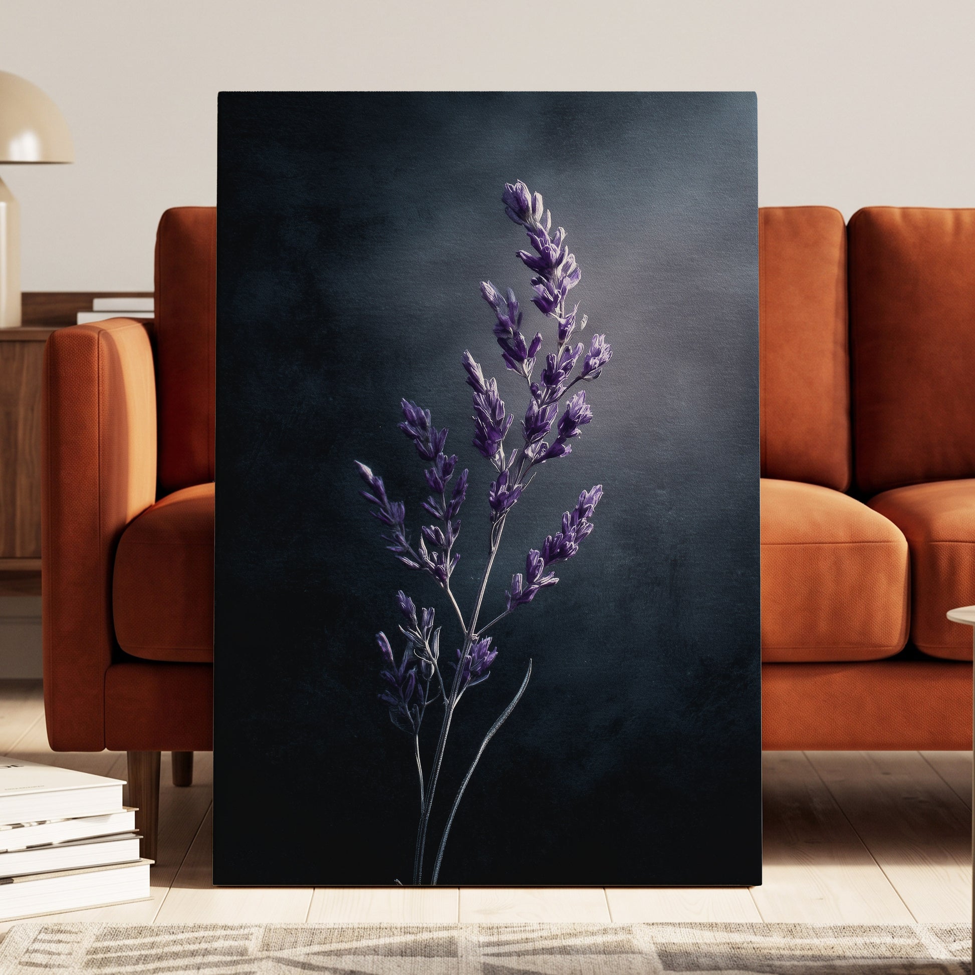 Violet Nocturne, black, blue, gray floral wall art displayed in a styled interior, gallery view 7