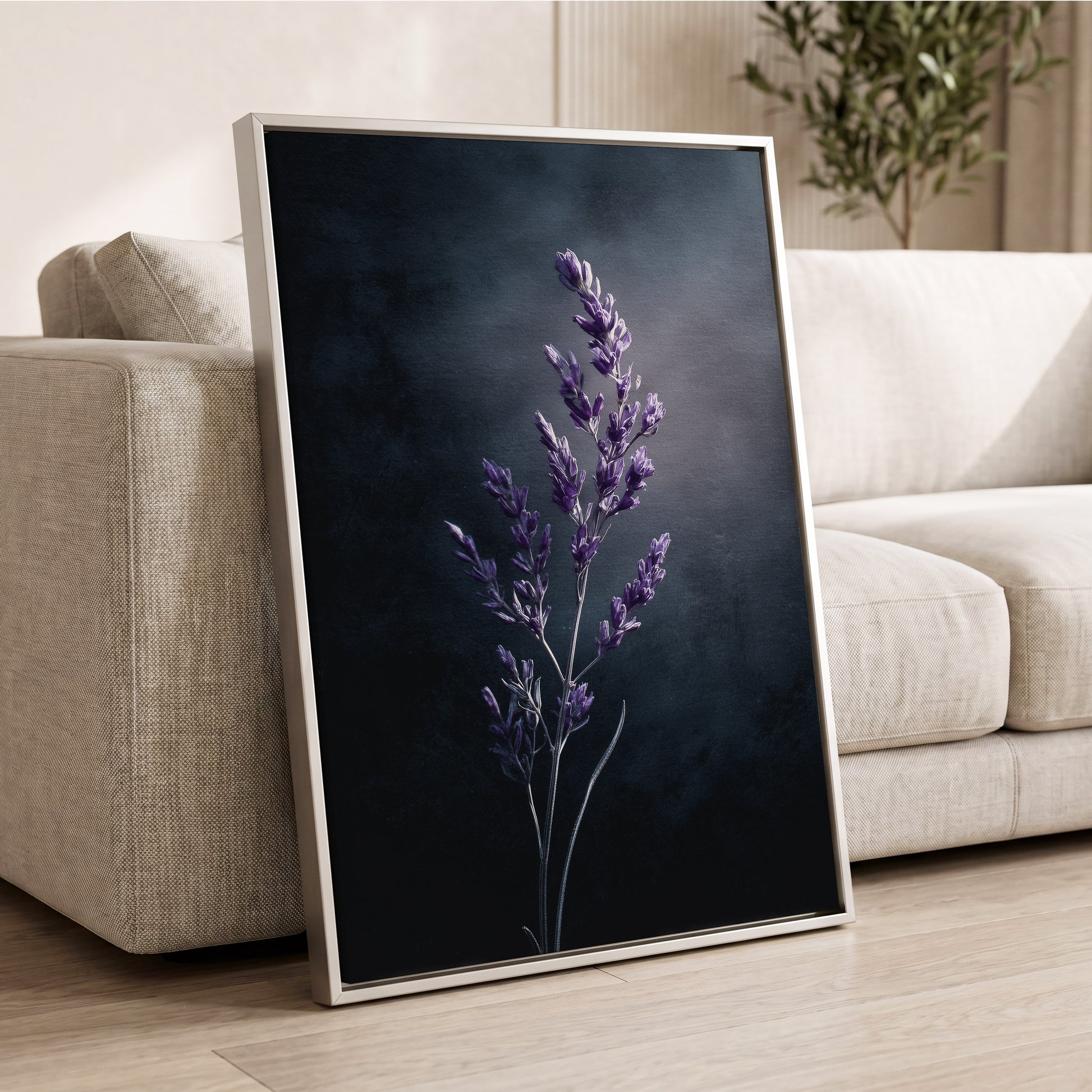 Violet Nocturne, black, blue, gray floral wall art displayed in a styled interior, gallery view 8
