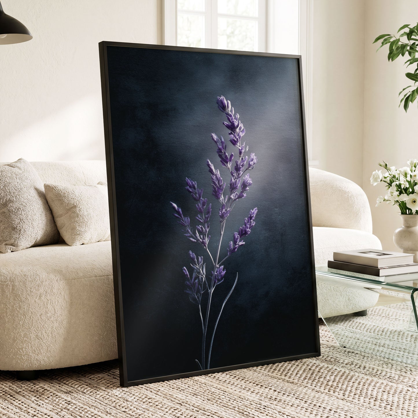 Violet Nocturne, black, blue, gray floral wall art displayed in a styled interior, gallery view 9
