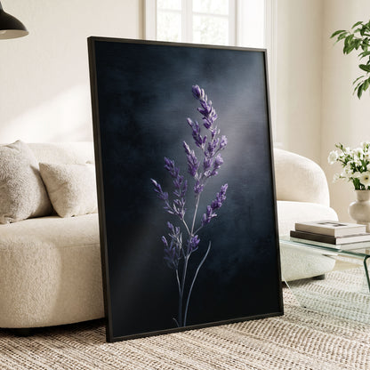 Violet Nocturne, black, blue, gray floral wall art displayed in a styled interior, gallery view 9