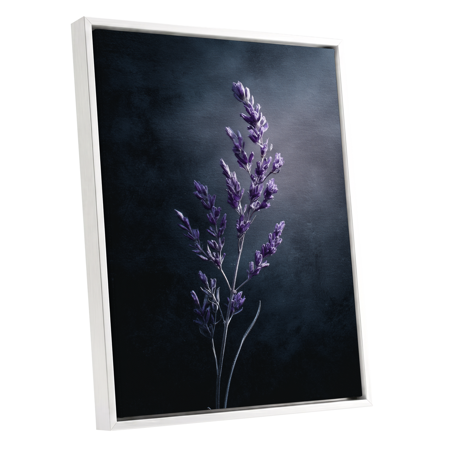 Violet Nocturne, black, blue, gray floral wall art shown as a white framed canvas wall art