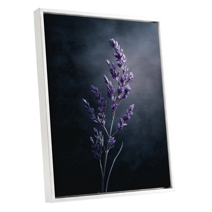Violet Nocturne, black, blue, gray floral wall art shown as a white framed canvas wall art