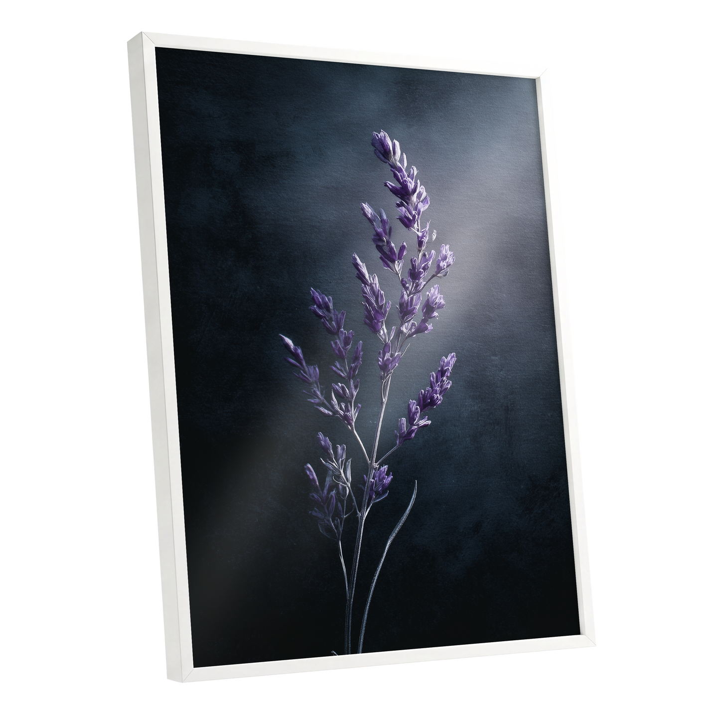 Violet Nocturne, black, blue, gray floral wall art shown as a white framed poster wall art print