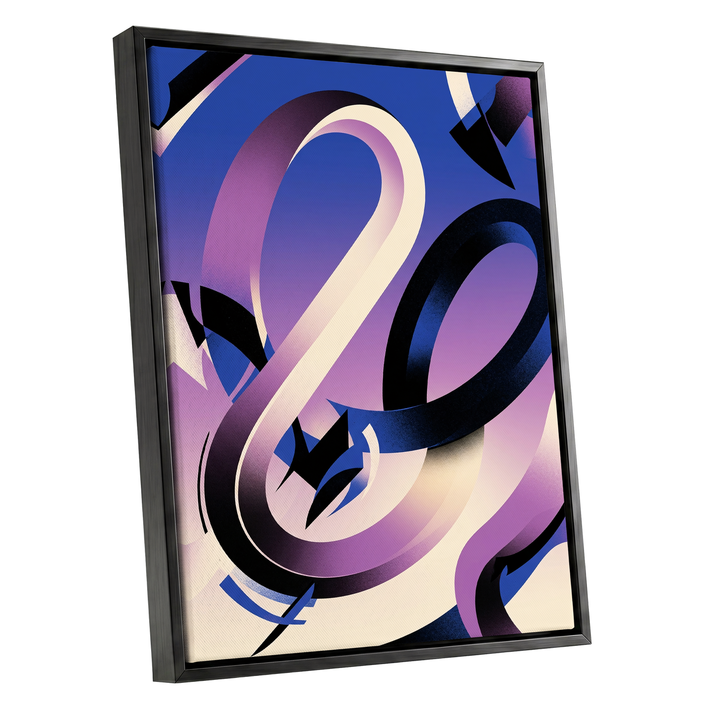 Violet Orbit, blue, purple, black abstract wall art shown as a black framed canvas wall art
