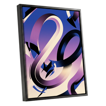 Violet Orbit, blue, purple, black abstract wall art shown as a black framed canvas wall art