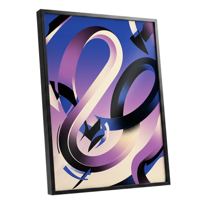 Violet Orbit, blue, purple, black abstract wall art shown as a black framed poster wall art print