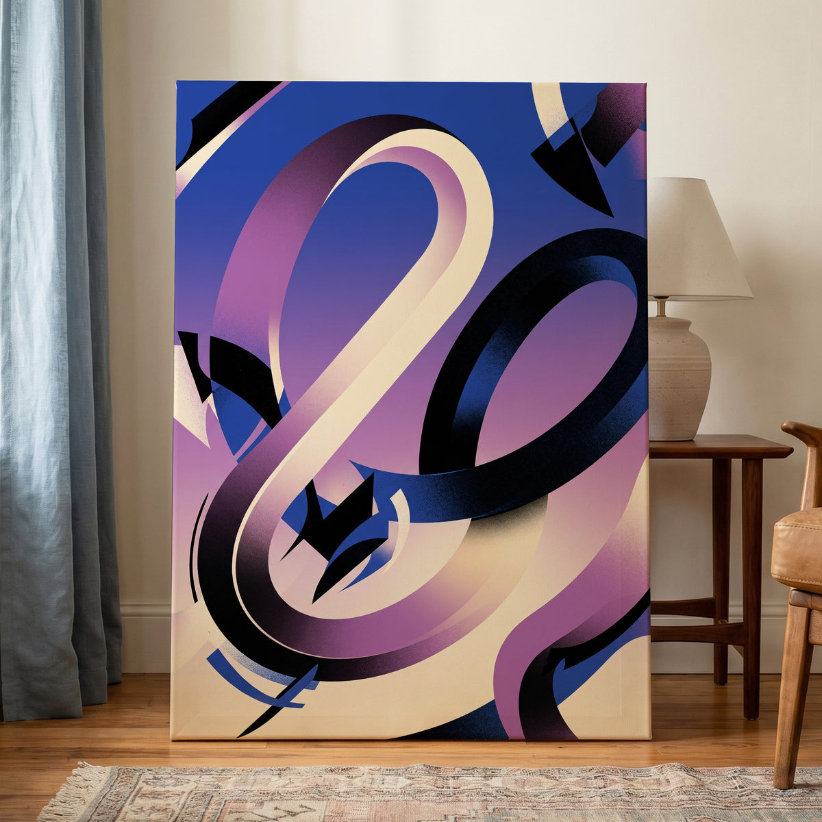 Violet Orbit, blue, purple, black abstract wall art on canvas displayed in a styled interior, gallery view 1
