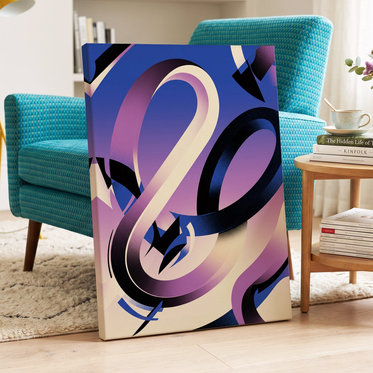 Violet Orbit, blue, purple, black abstract wall art on canvas displayed in a styled interior, gallery view 2