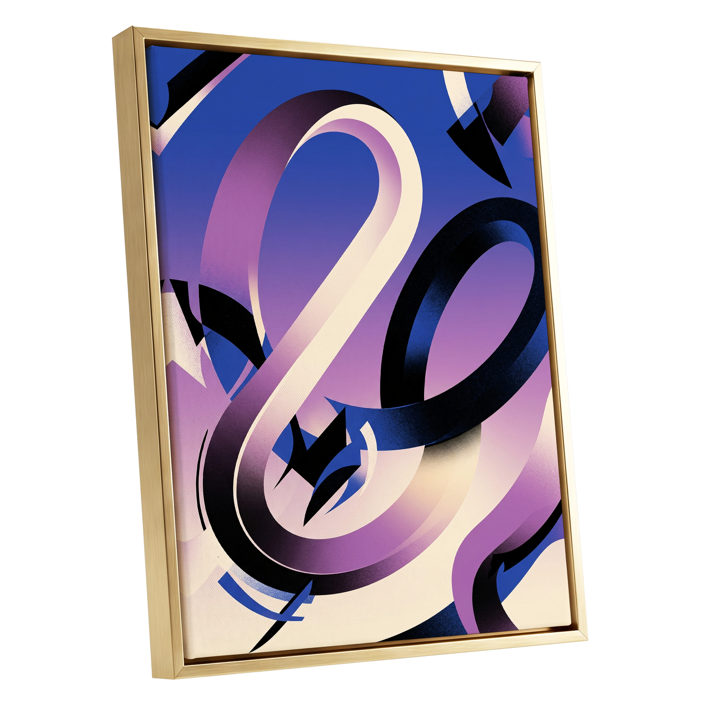 Violet Orbit, blue, purple, black abstract wall art shown as a gold framed canvas wall art