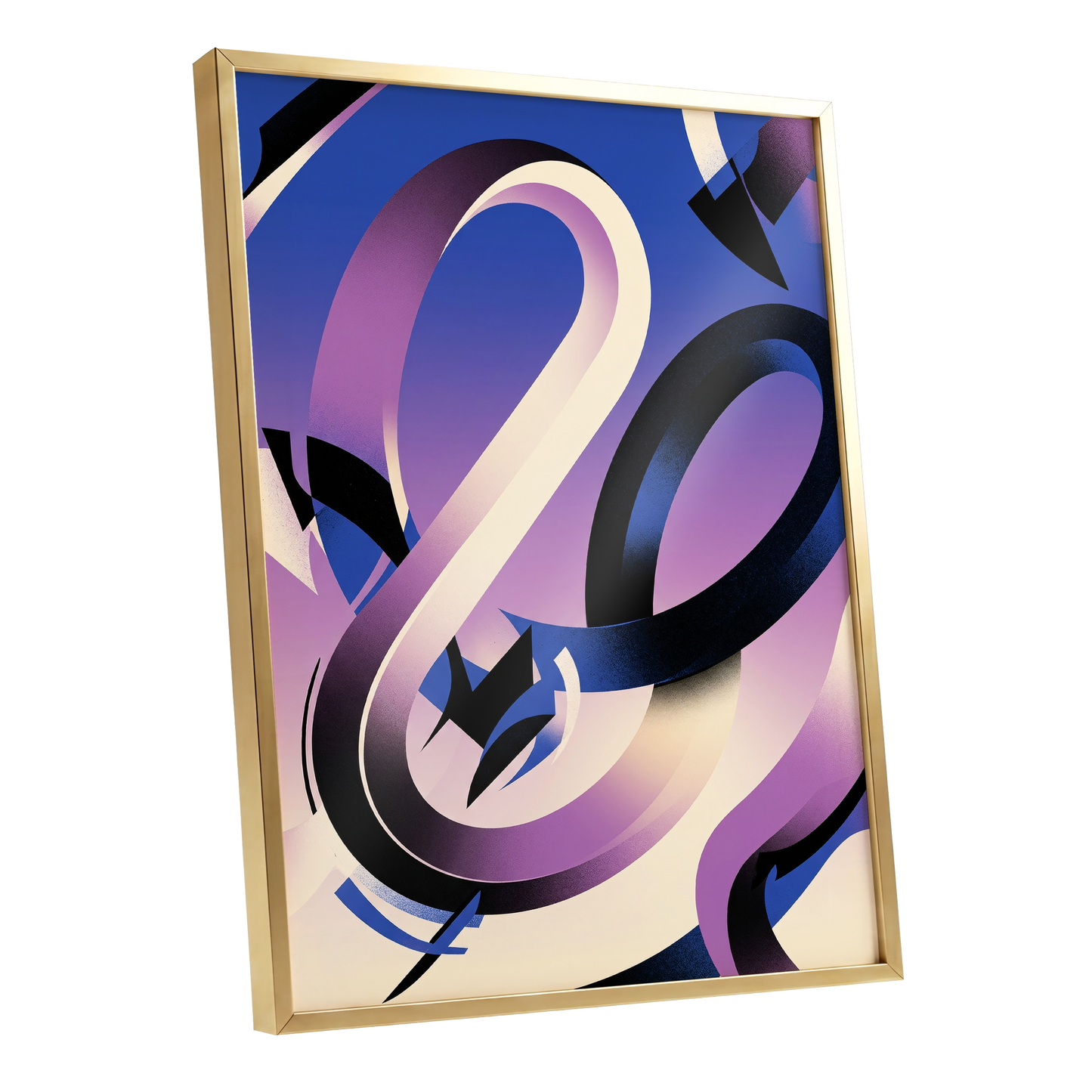 Violet Orbit, blue, purple, black abstract wall art shown as a gold framed poster wall art print