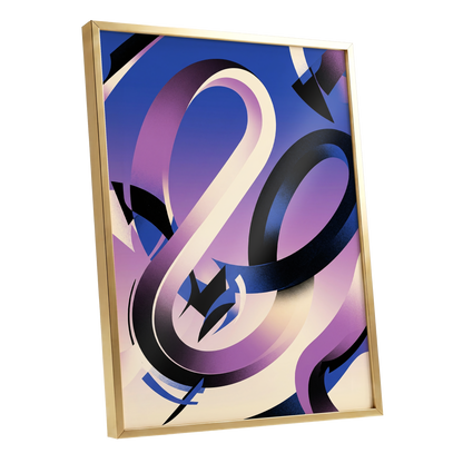Violet Orbit, blue, purple, black abstract wall art shown as a gold framed poster wall art print