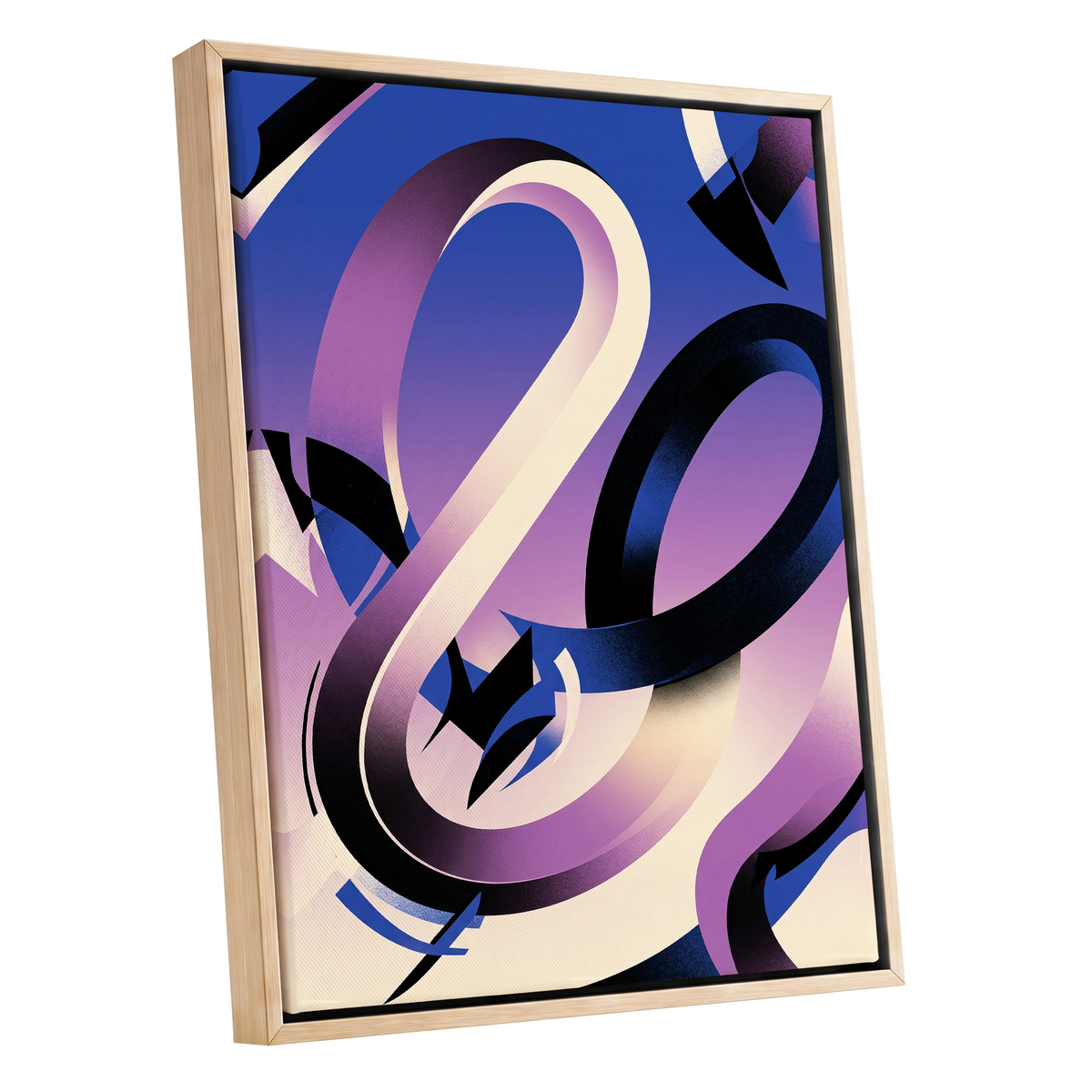 Violet Orbit, blue, purple, black abstract wall art shown as a oak framed canvas wall art