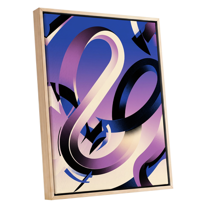 Violet Orbit, blue, purple, black abstract wall art shown as a oak framed canvas wall art