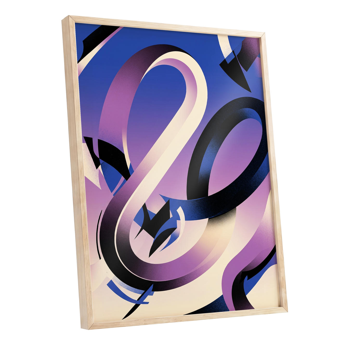 Violet Orbit, blue, purple, black abstract wall art shown as a oak framed poster wall art print
