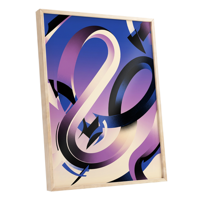 Violet Orbit, blue, purple, black abstract wall art shown as a oak framed poster wall art print