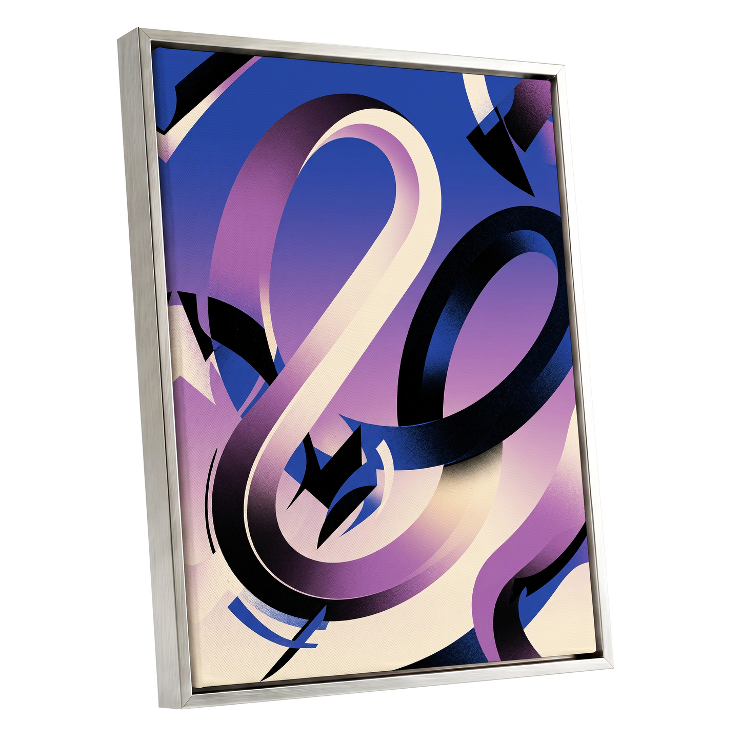 Violet Orbit, blue, purple, black abstract wall art shown as a silver framed canvas wall art