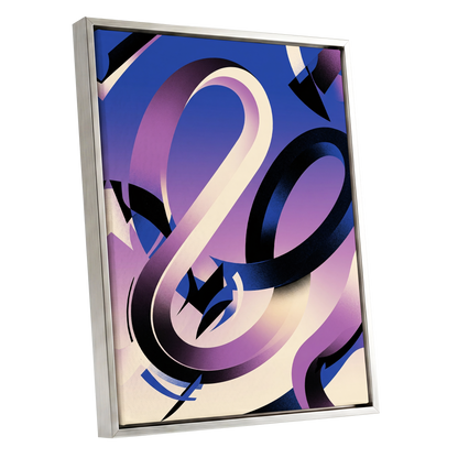 Violet Orbit, blue, purple, black abstract wall art shown as a silver framed canvas wall art