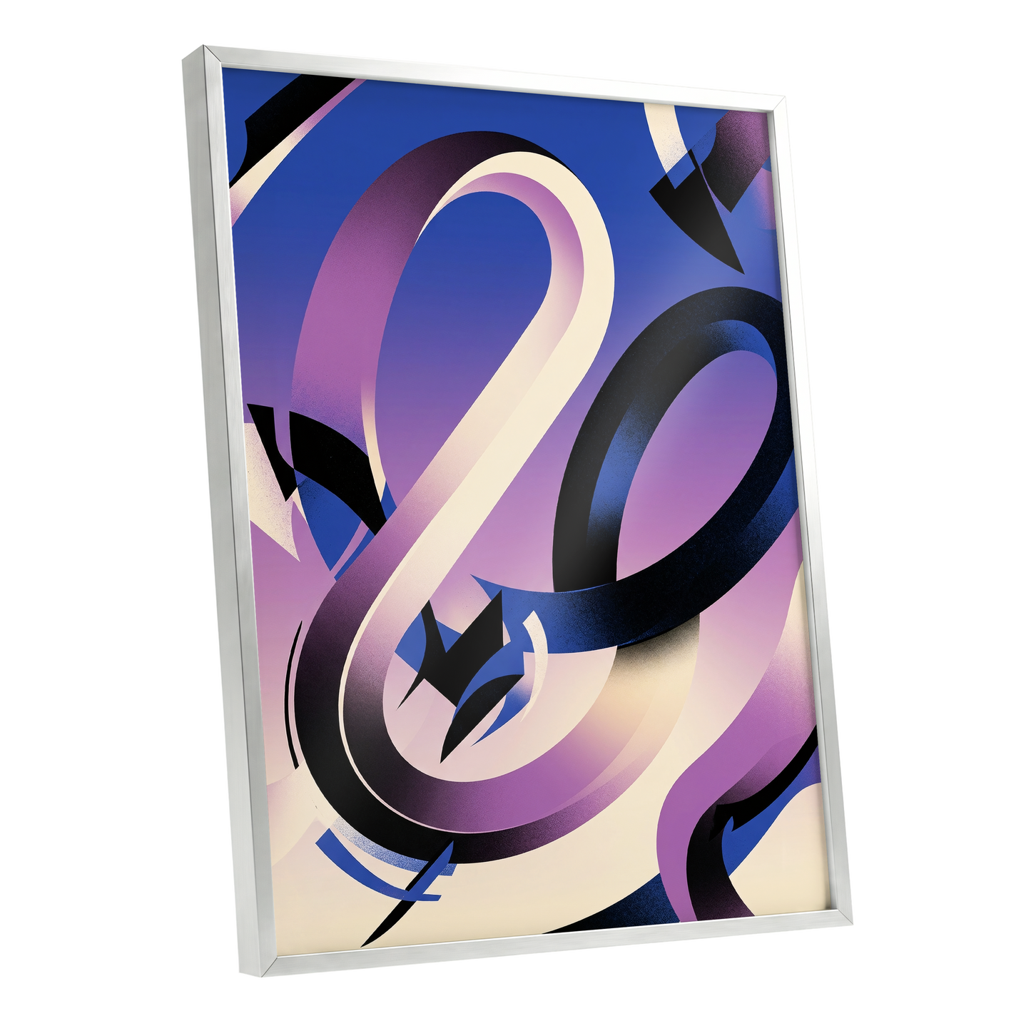 Violet Orbit, blue, purple, black abstract wall art shown as a silver framed poster wall art print