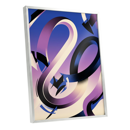 Violet Orbit, blue, purple, black abstract wall art shown as a silver framed poster wall art print