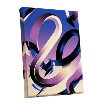 Violet Orbit, blue, purple, black abstract wall art shown as a stretched canvas wall art
