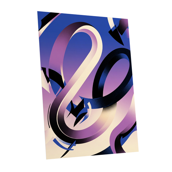 Violet Orbit, blue, purple, black abstract wall art shown as a unframed poster wall art print