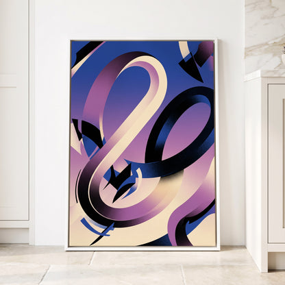 Violet Orbit, blue, purple, black abstract wall art displayed in a styled interior, gallery view 1