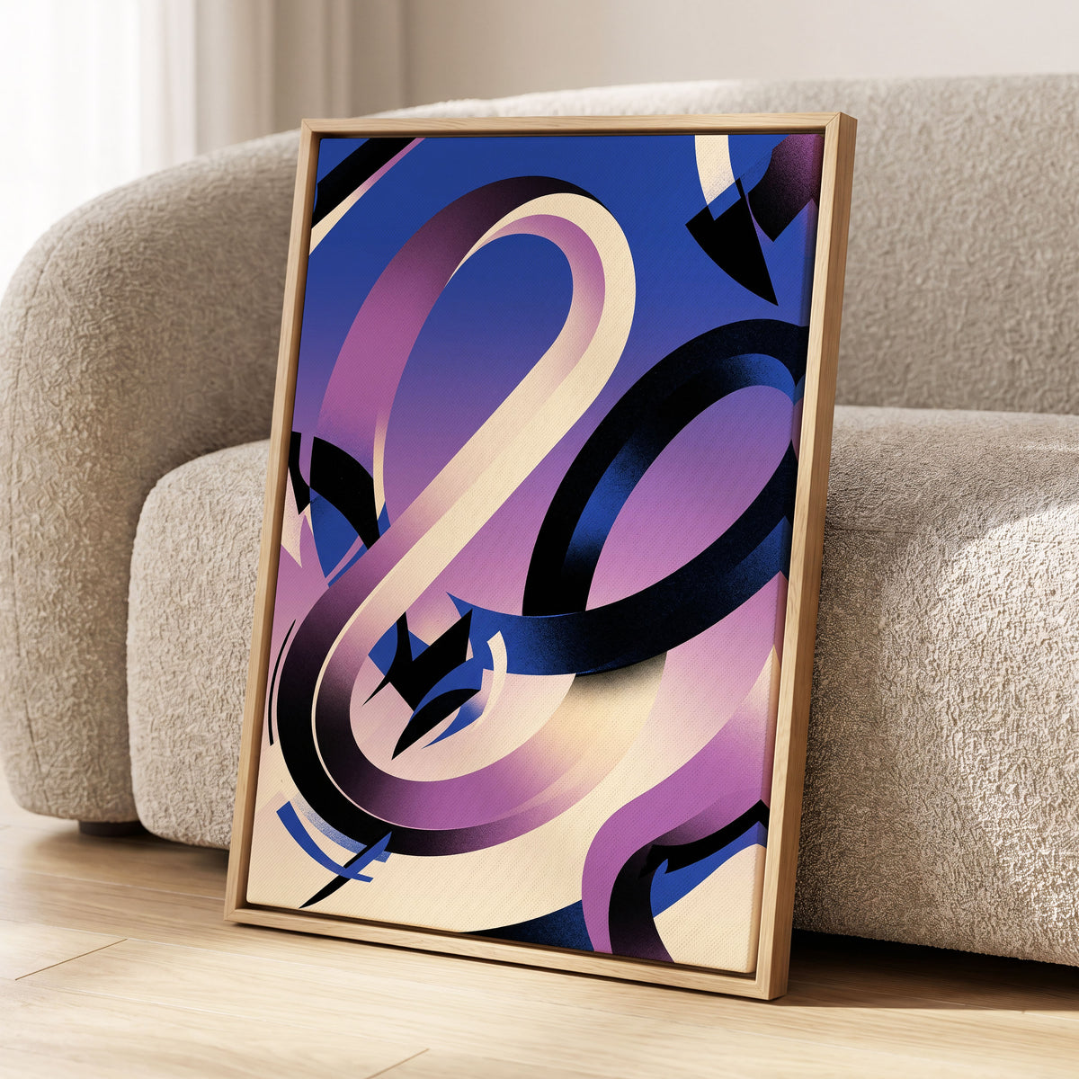Violet Orbit, blue, purple, black abstract wall art displayed in a styled interior, gallery view 2