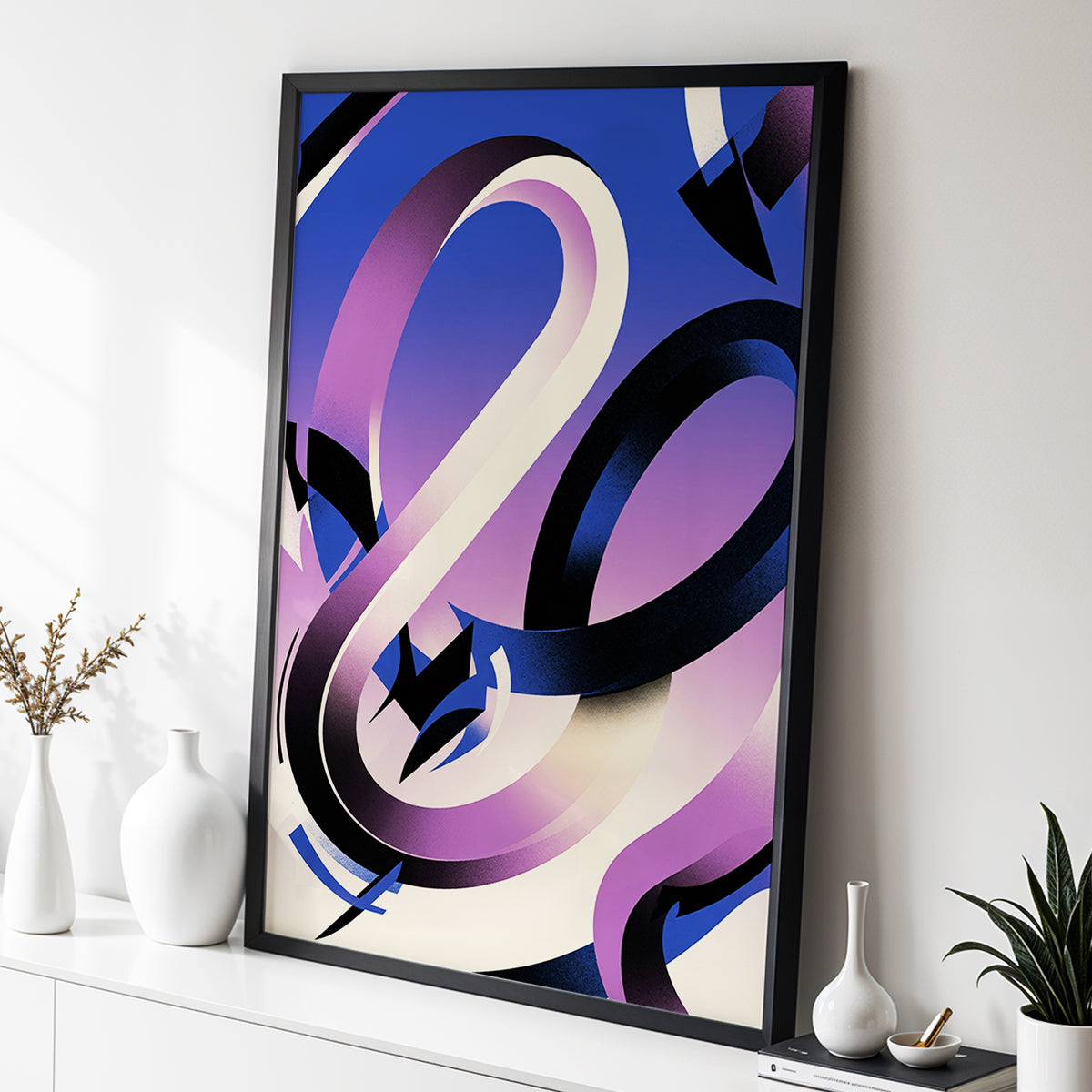 Violet Orbit, blue, purple, black abstract wall art displayed in a styled interior, gallery view 3