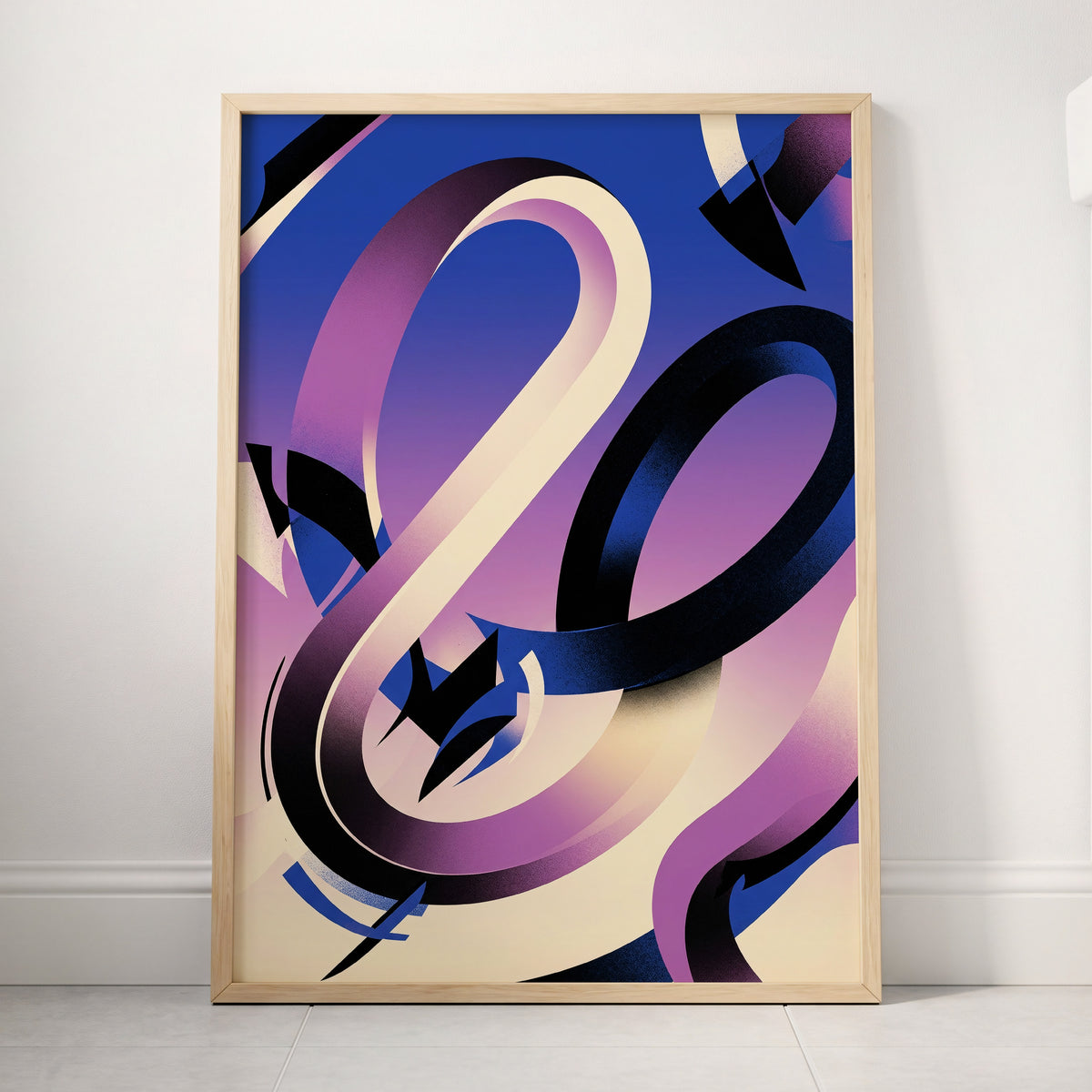 Violet Orbit, blue, purple, black abstract wall art displayed in a styled interior, gallery view 4