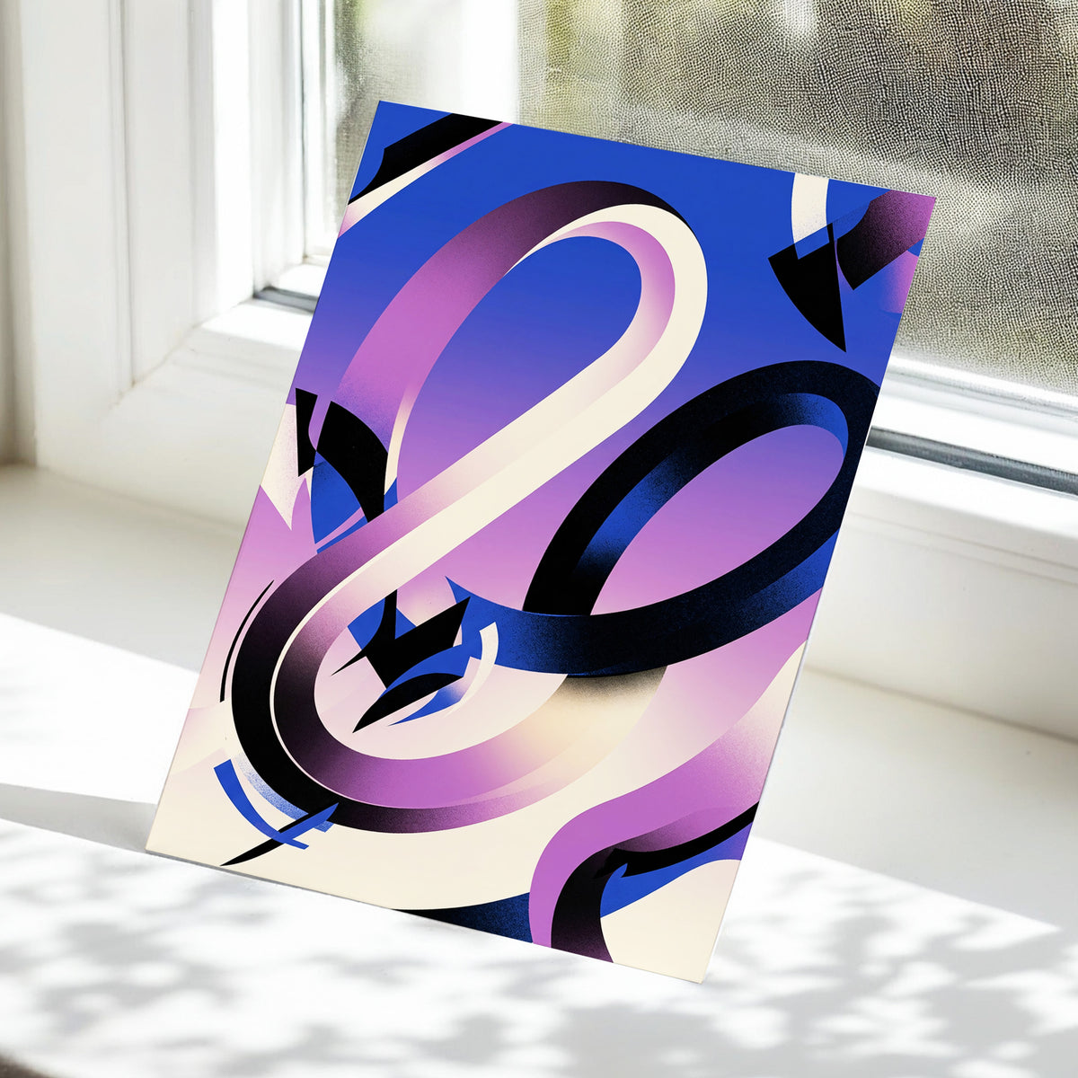 Violet Orbit, blue, purple, black abstract wall art displayed in a styled interior, gallery view 5