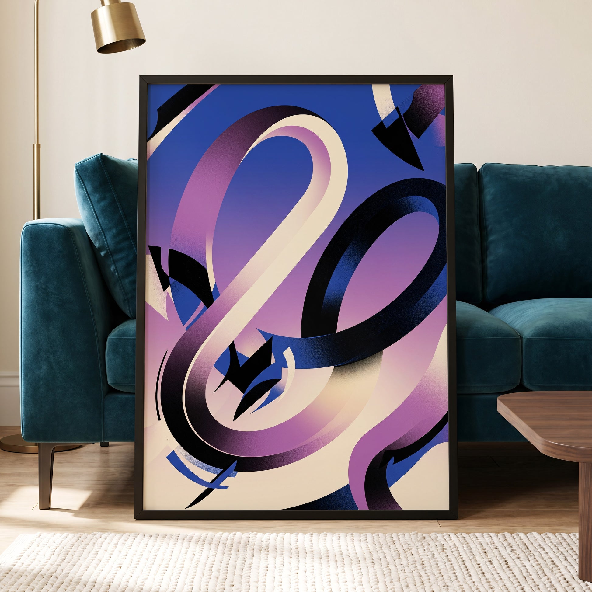Violet Orbit, blue, purple, black abstract wall art displayed in a styled interior, gallery view 6