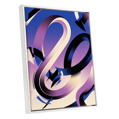 Violet Orbit, blue, purple, black abstract wall art shown as a white framed canvas wall art