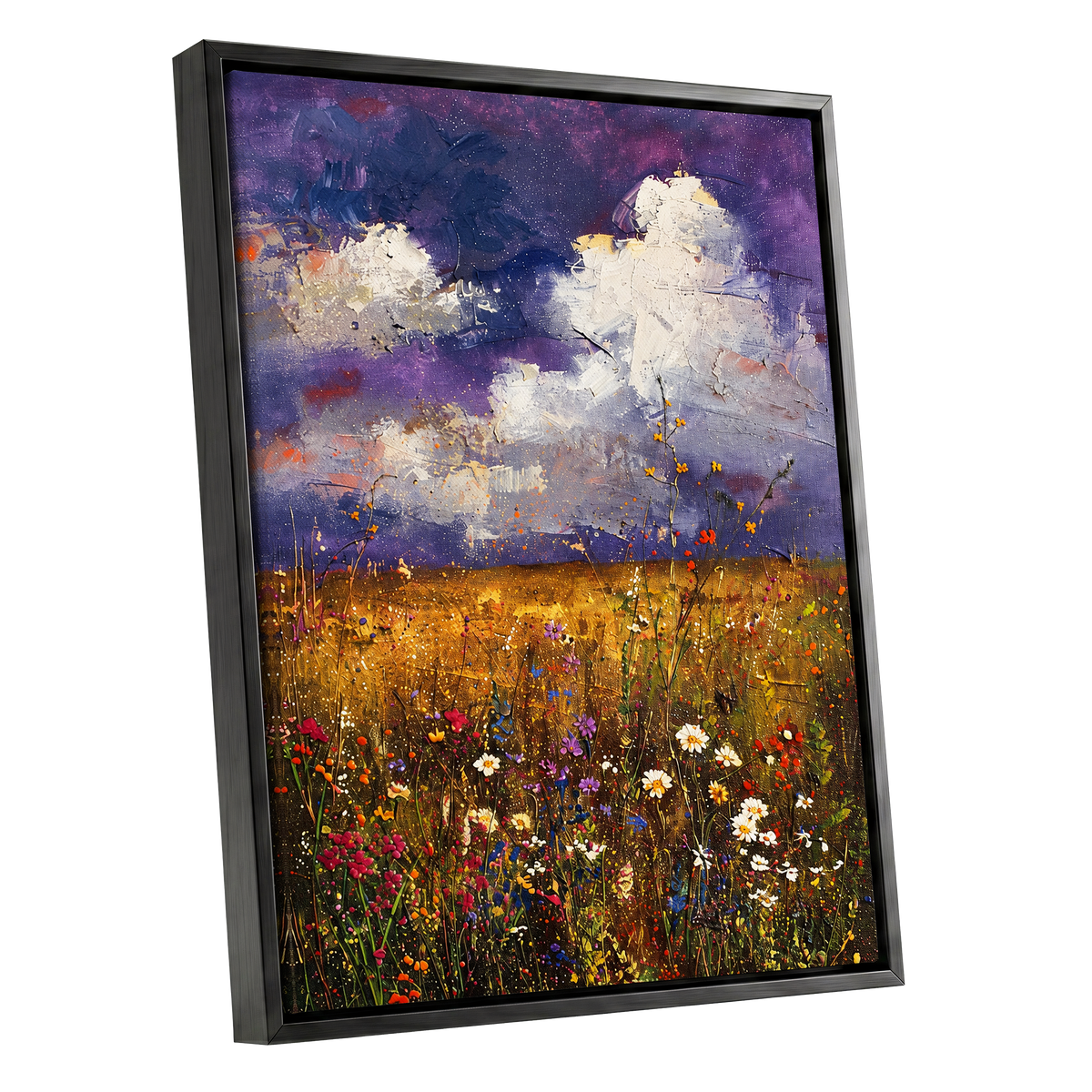 Violet Skies, Golden Fields, purple, gold, white nature wall art shown as a black framed canvas wall art