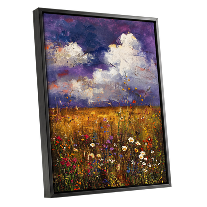 Violet Skies, Golden Fields, purple, gold, white nature wall art shown as a black framed canvas wall art