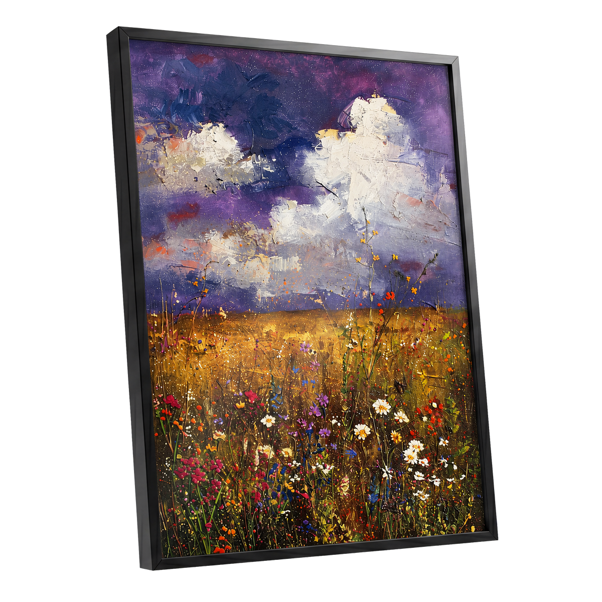Violet Skies, Golden Fields, purple, gold, white nature wall art shown as a black framed poster wall art print