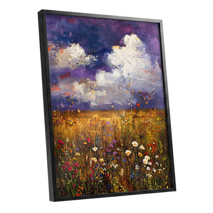 Violet Skies, Golden Fields, purple, gold, white nature wall art shown as a black framed poster wall art print