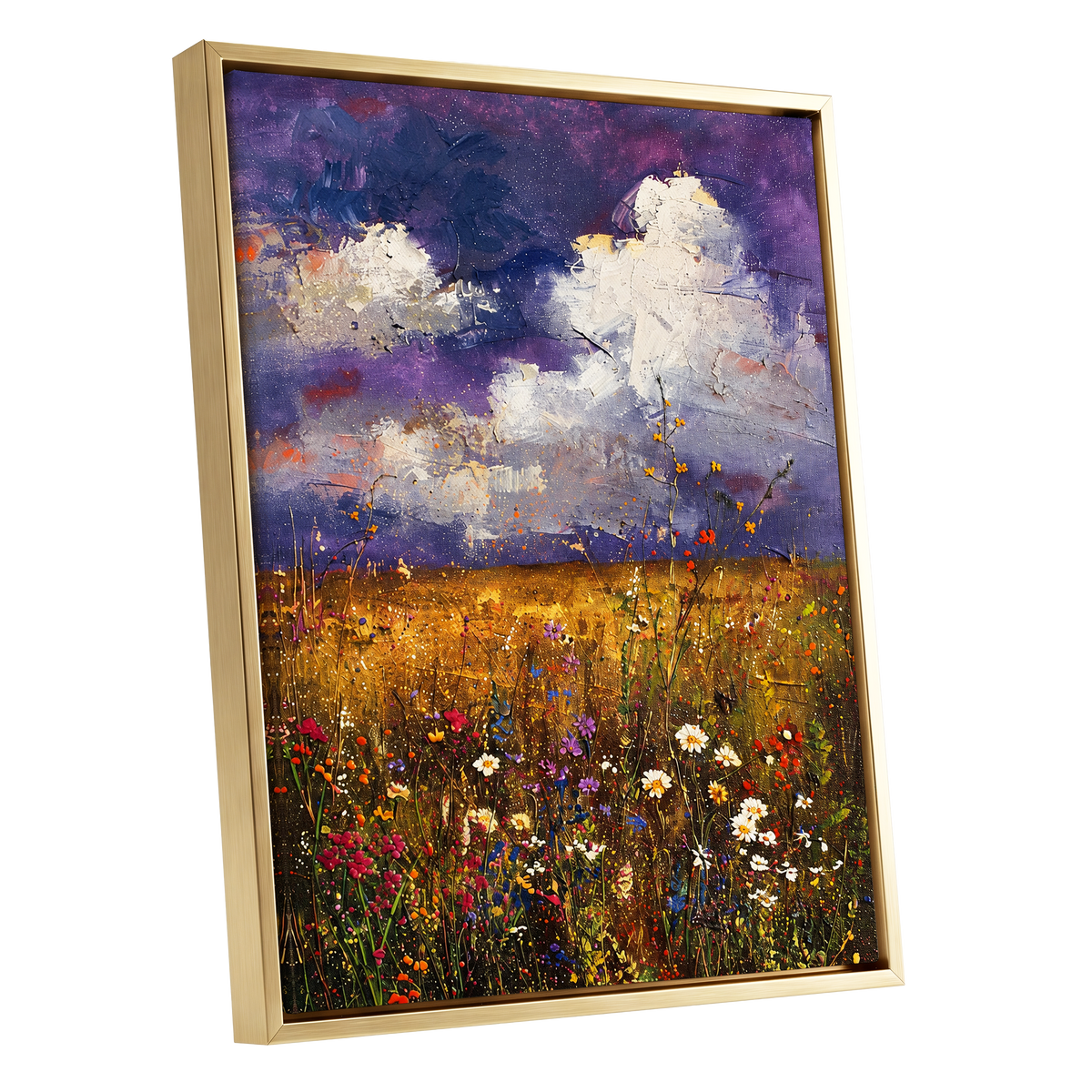 Violet Skies, Golden Fields, purple, gold, white nature wall art shown as a gold framed canvas wall art