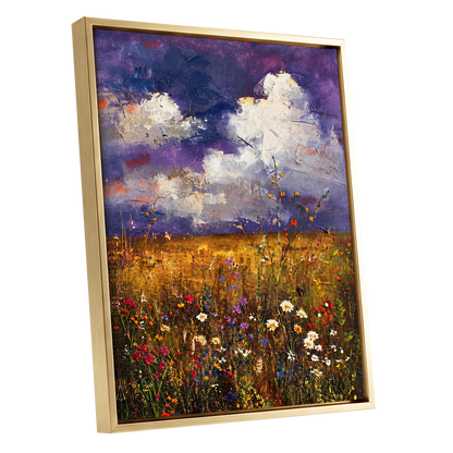 Violet Skies, Golden Fields, purple, gold, white nature wall art shown as a gold framed canvas wall art