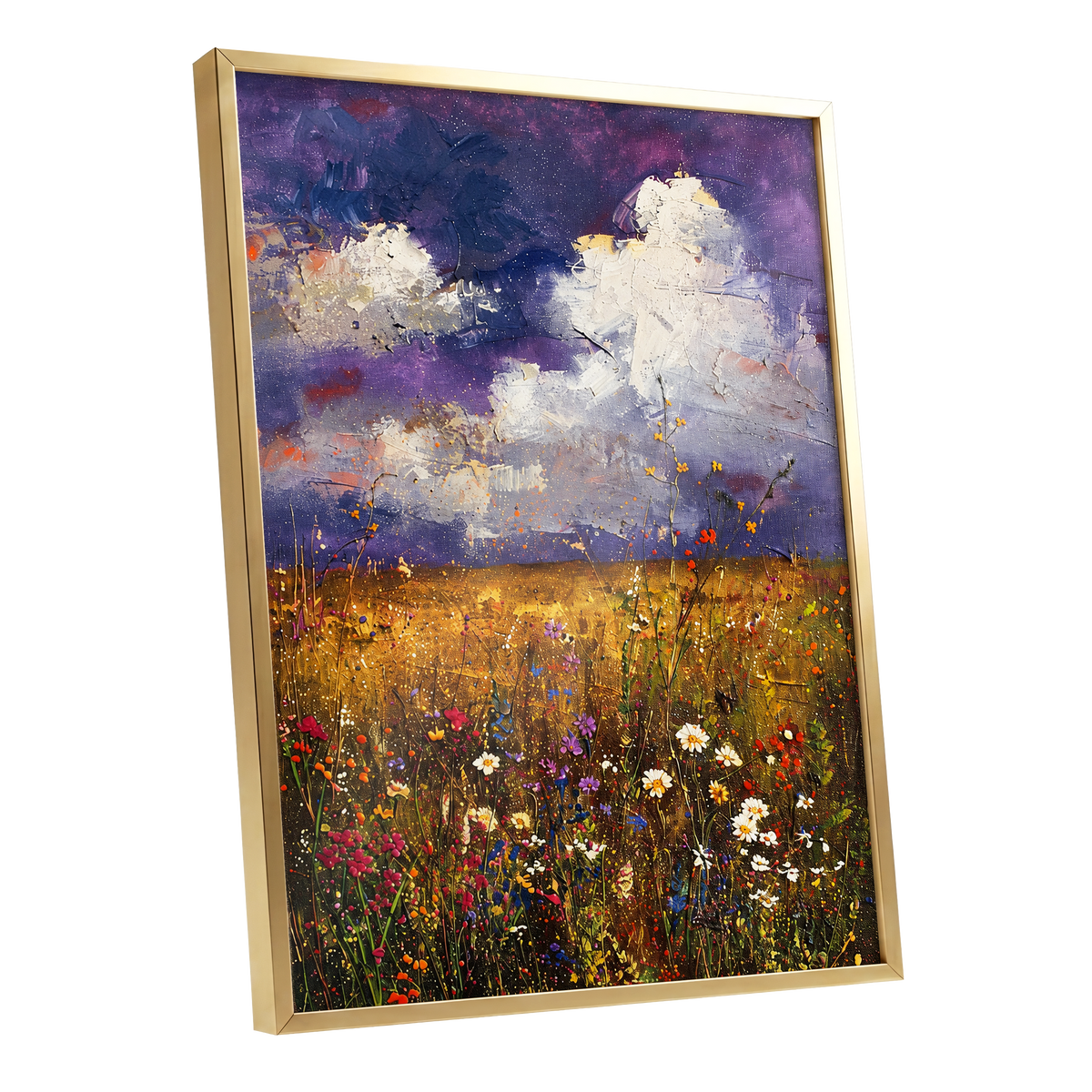 Violet Skies, Golden Fields, purple, gold, white nature wall art shown as a gold framed poster wall art print