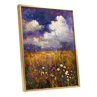 Violet Skies, Golden Fields, purple, gold, white nature wall art shown as a gold framed poster wall art print