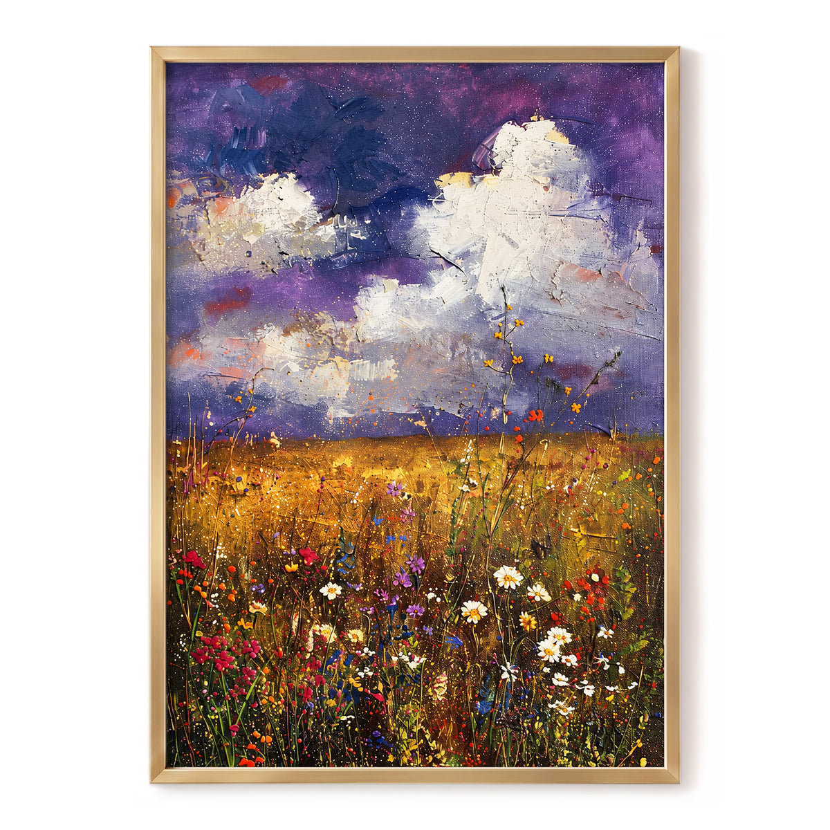 Violet Skies, Golden Fields, purple, gold, white nature wall art, front artwork view
