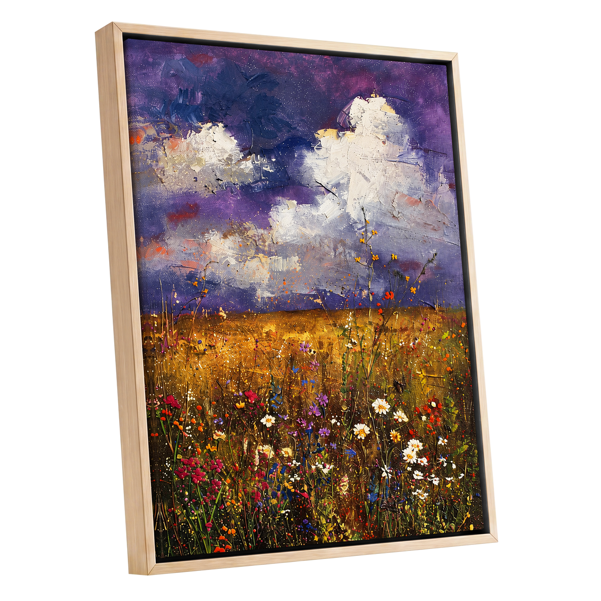 Violet Skies, Golden Fields, purple, gold, white nature wall art shown as a oak framed canvas wall art