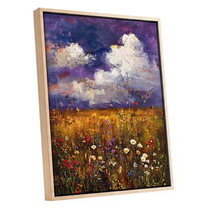 Violet Skies, Golden Fields, purple, gold, white nature wall art shown as a oak framed canvas wall art