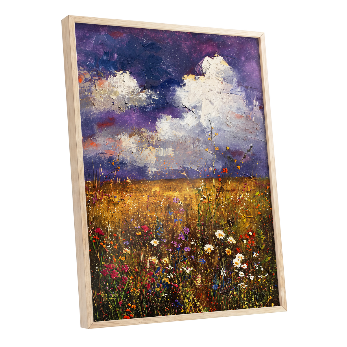 Violet Skies, Golden Fields, purple, gold, white nature wall art shown as a oak framed poster wall art print